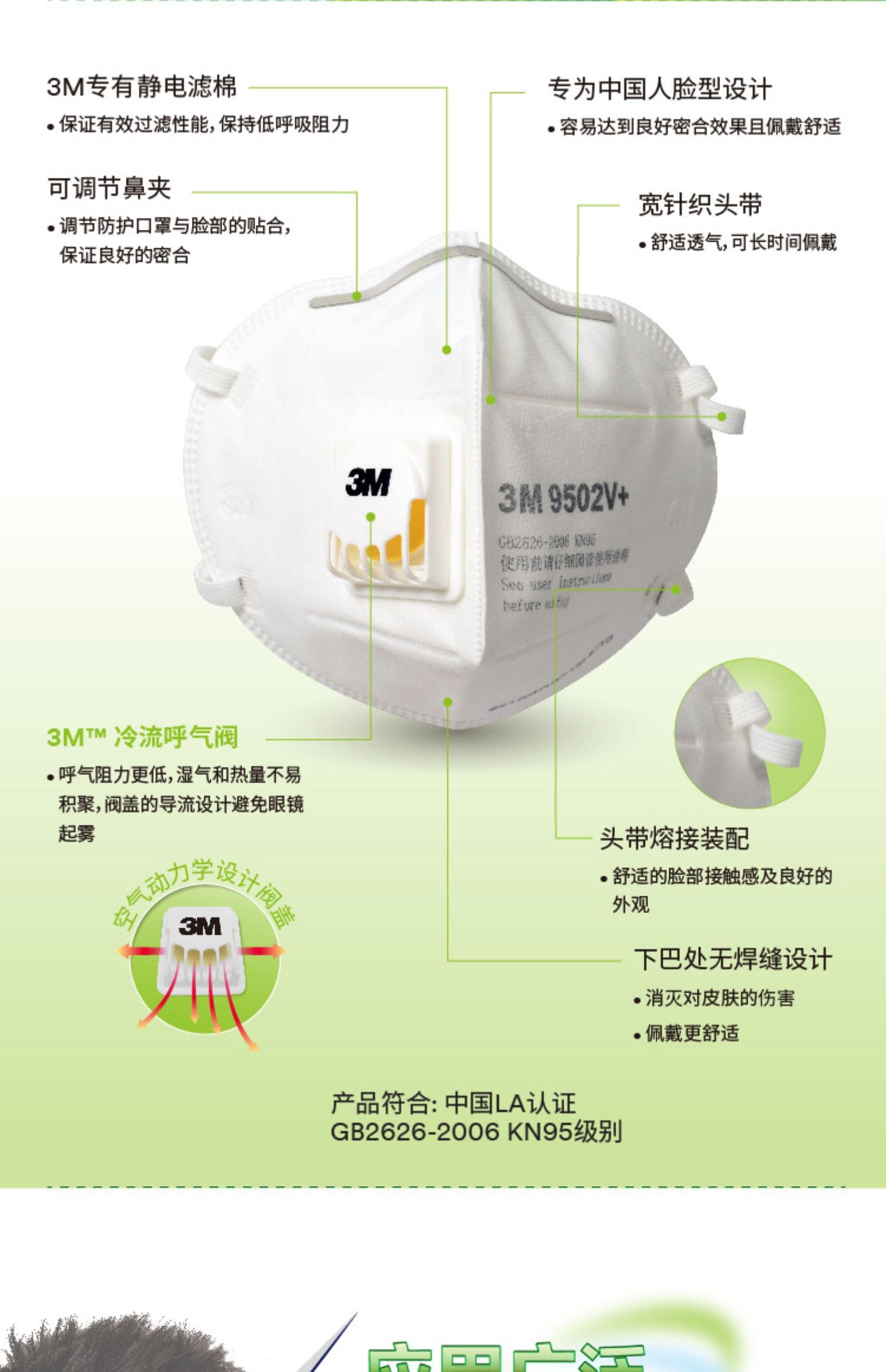3M 9502V+ 防颗粒物口罩 （呼气阀、头带式、中国KN95认证）